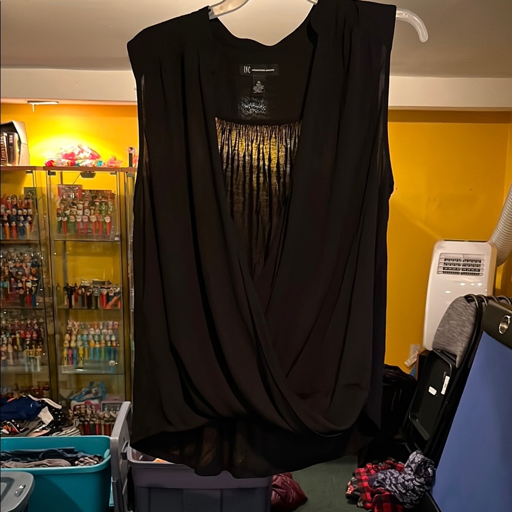 INC International Concepts Black and Yellow Sleeveless Wrap Blouse